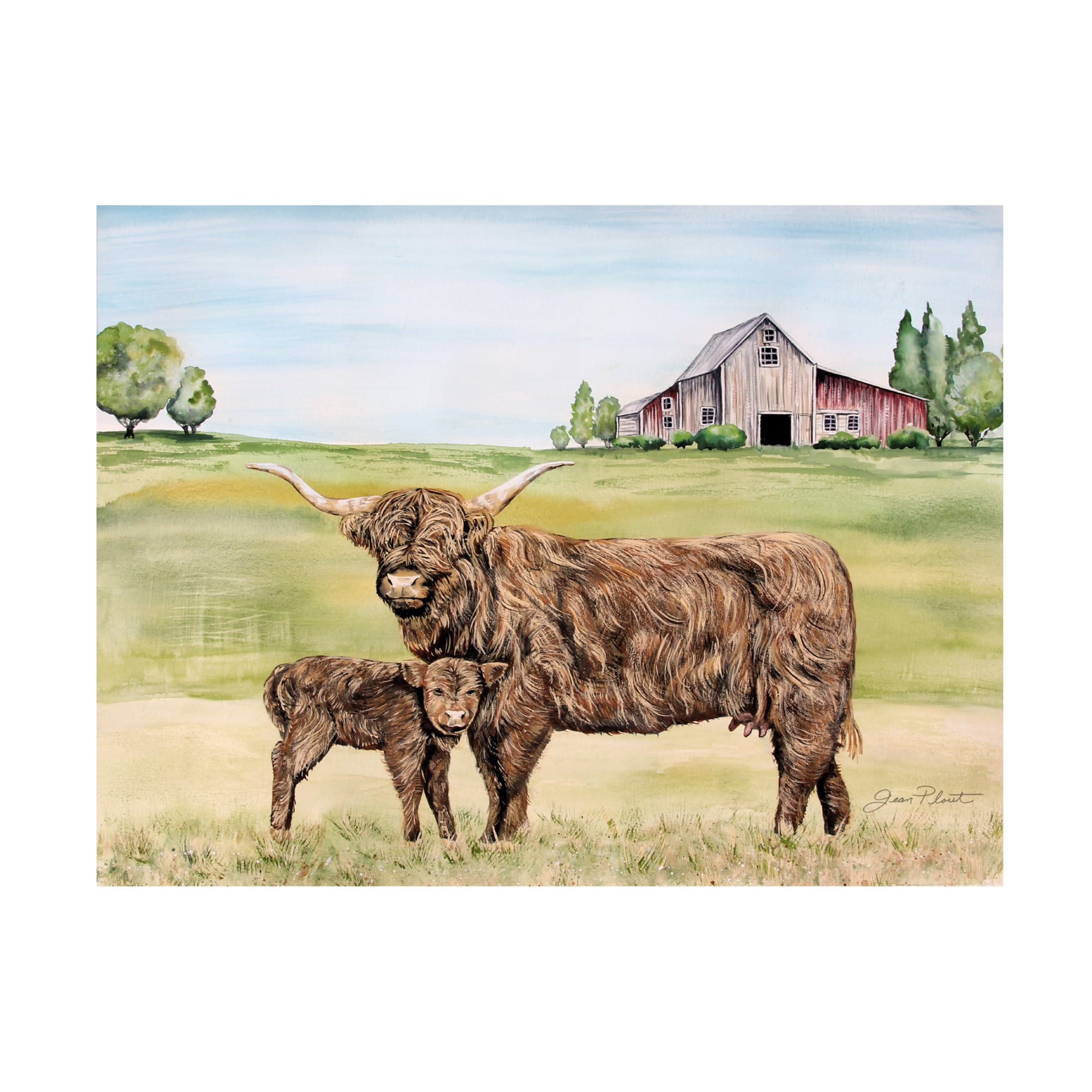 Canvas Wall Art - Jean Plout 'Highland Cow and Calf' Wall Art for Living Room, Bedroom, or Office Décor by Trademark Fine Art - 47 x 35 Inches