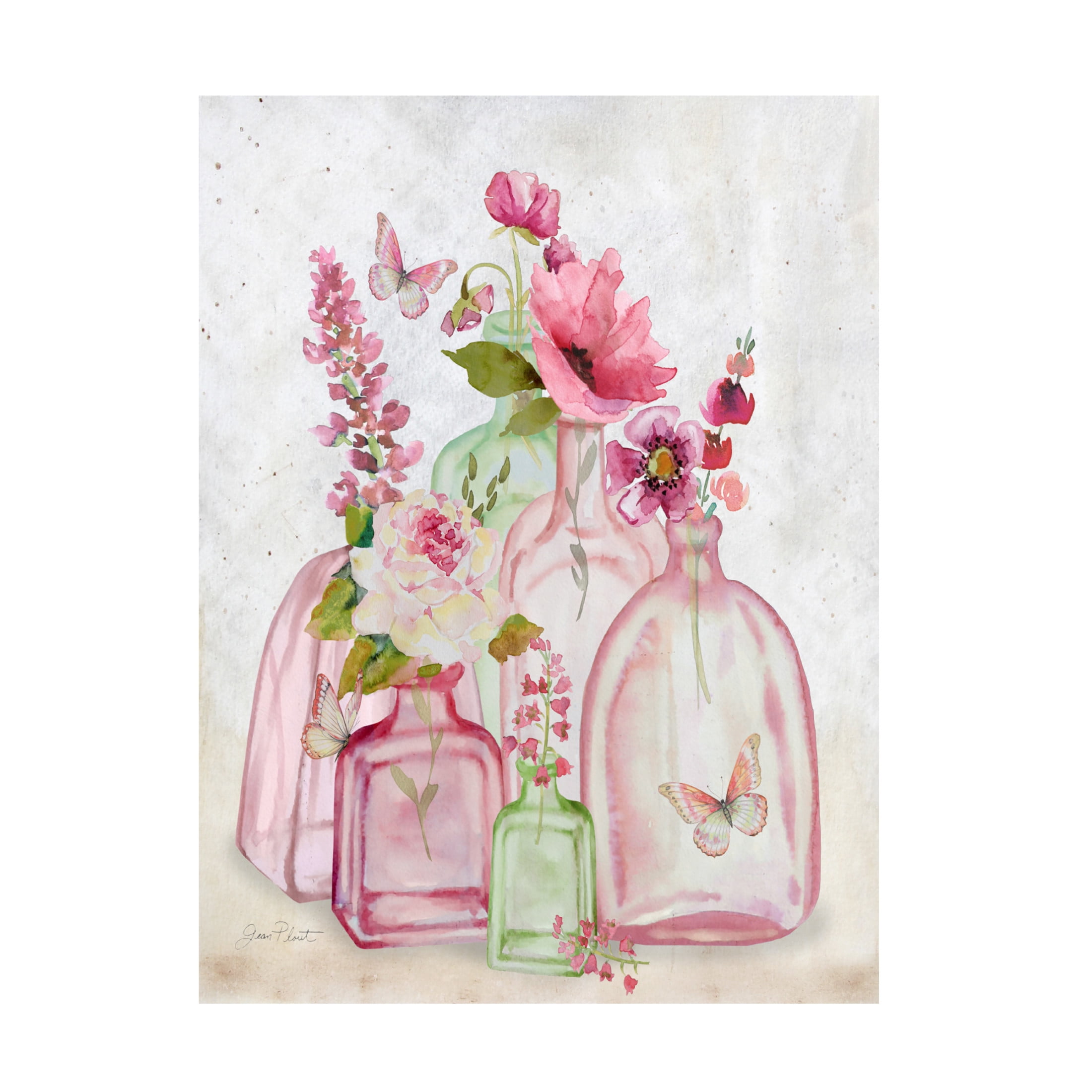Canvas Wall Art - Jean Plout 'Pink Bottles 1' Wall Art for Living Room, Bedroom, or Office Décor by Trademark Fine Art - 35 x 47 Inches