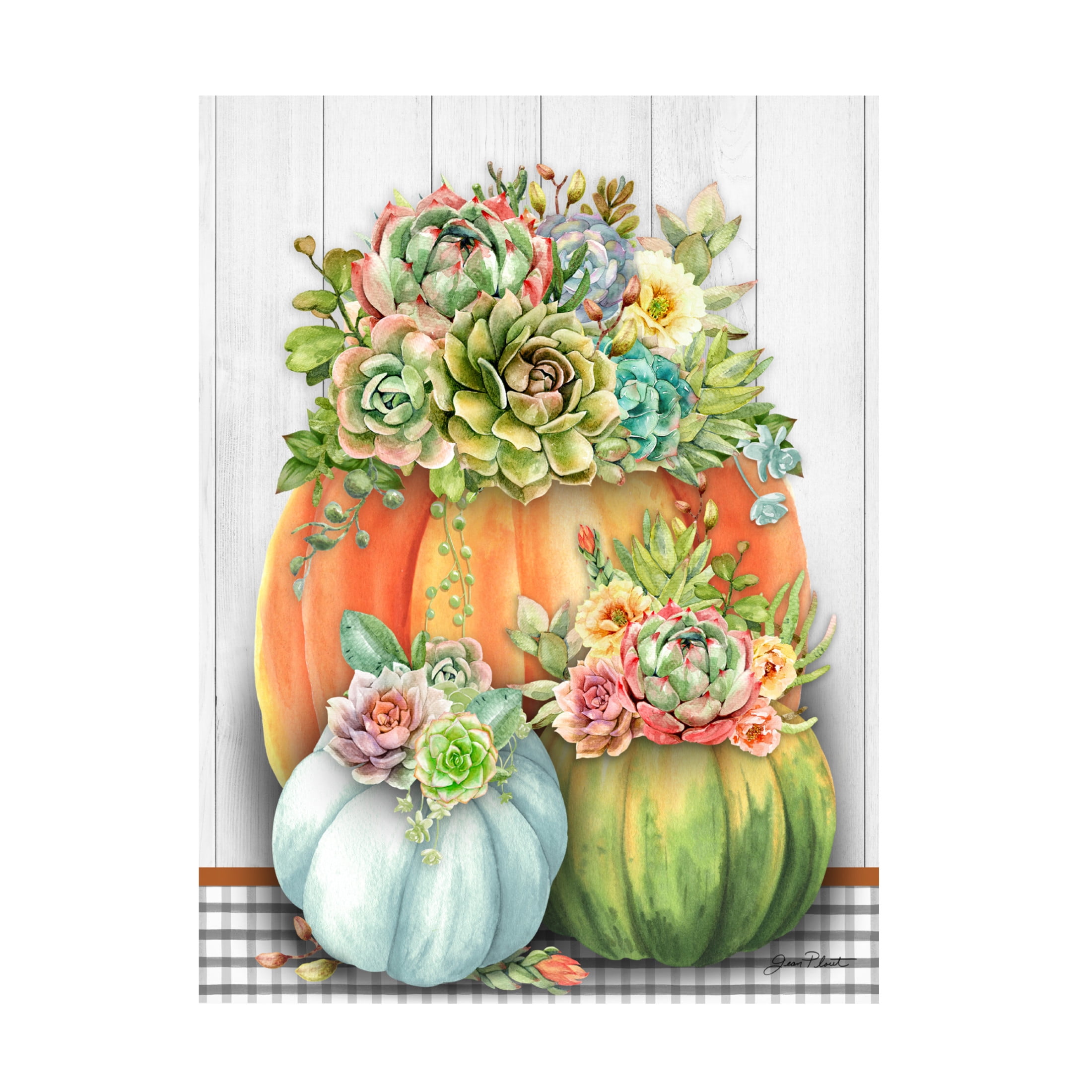 Canvas Wall Art - Jean Plout 'Pumpkins With Succulents A' Wall Art for Living Room, Bedroom, or Office Décor by Trademark Fine Art - 35 x 47 Inches