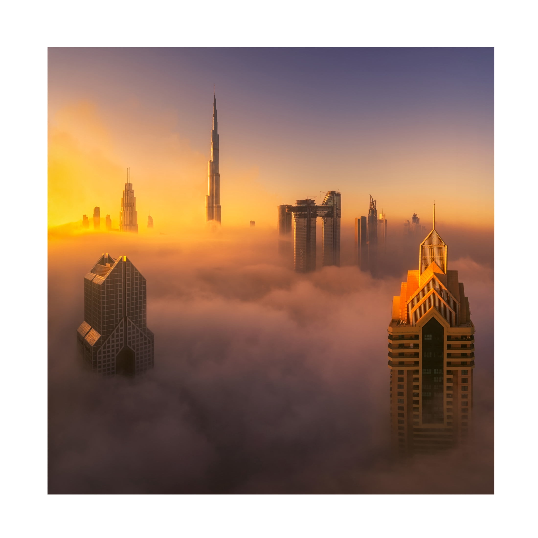 Canvas Wall Art - Joanaduenas 'Dubai Foggy Sunrise In The City' Wall Art for Living Room, Bedroom, or Office D?cor by Trademark Fine Art - 24 x 24 Inches