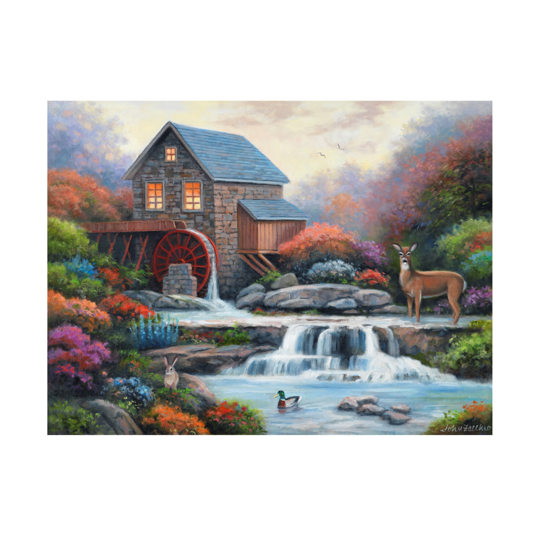 Canvas Wall Art - John Zaccheo 'A Visit to the Waterwheel' Wall Art for Living Room, Bedroom, or Office Décor by Trademark Fine Art - 32 x 24 Inches