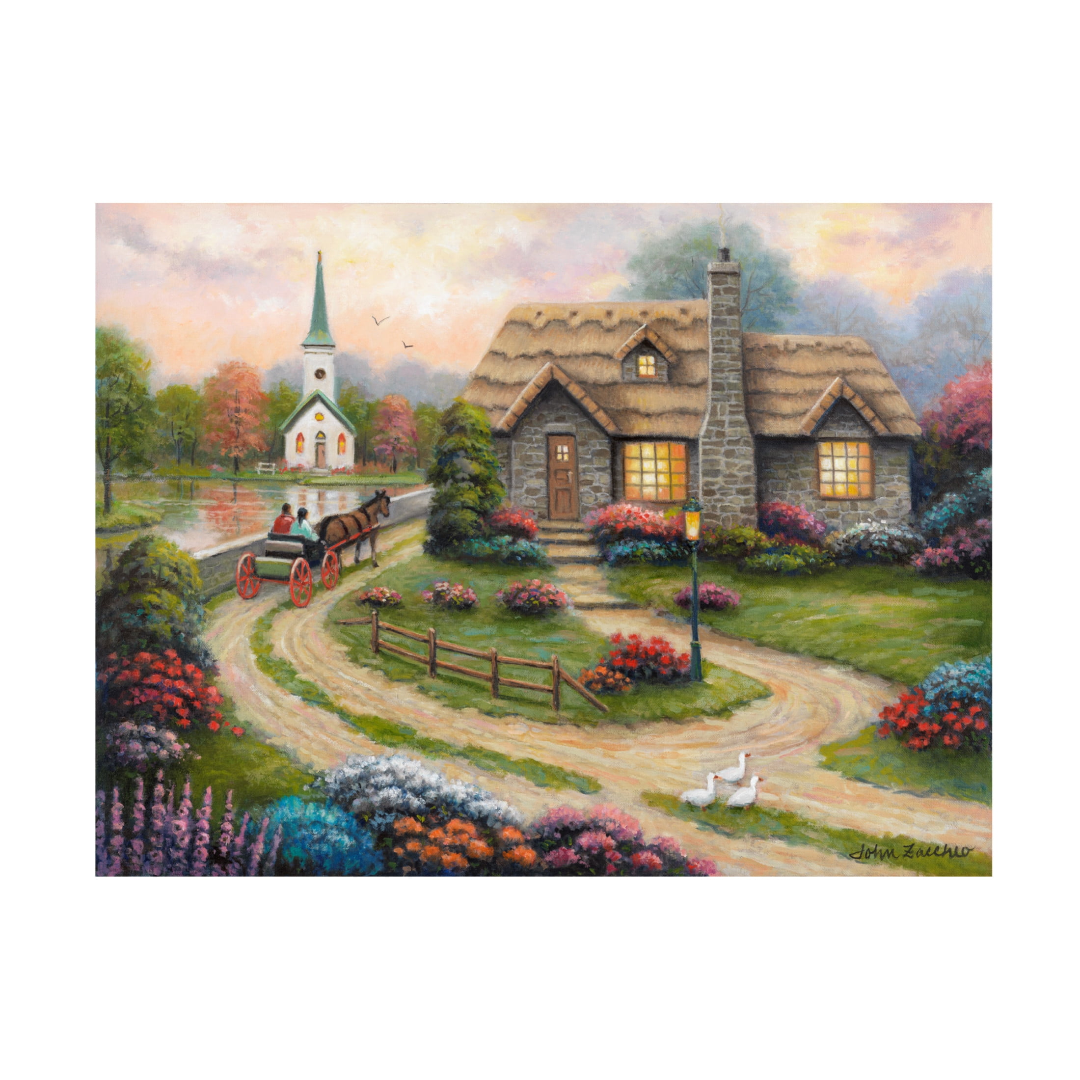 Canvas Wall Art - John Zaccheo 'Carriage Ride at Dusk' Wall Art for Living Room, Bedroom, or Office Décor by Trademark Fine Art - 47 x 35 Inches