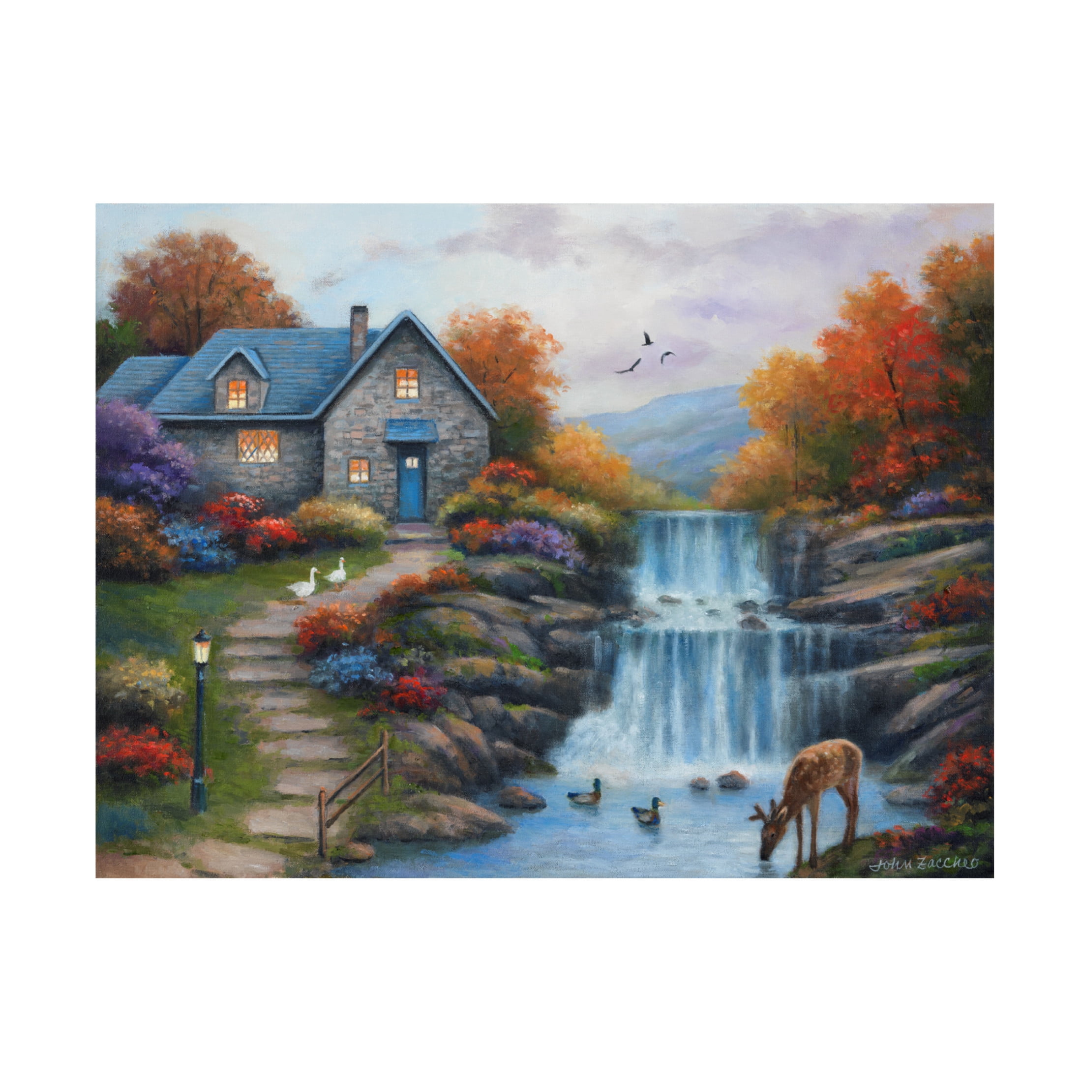 Canvas Wall Art - John Zaccheo 'Cottage by the Falls' Wall Art for Living Room, Bedroom, or Office Décor by Trademark Fine Art - 47 x 35 Inches