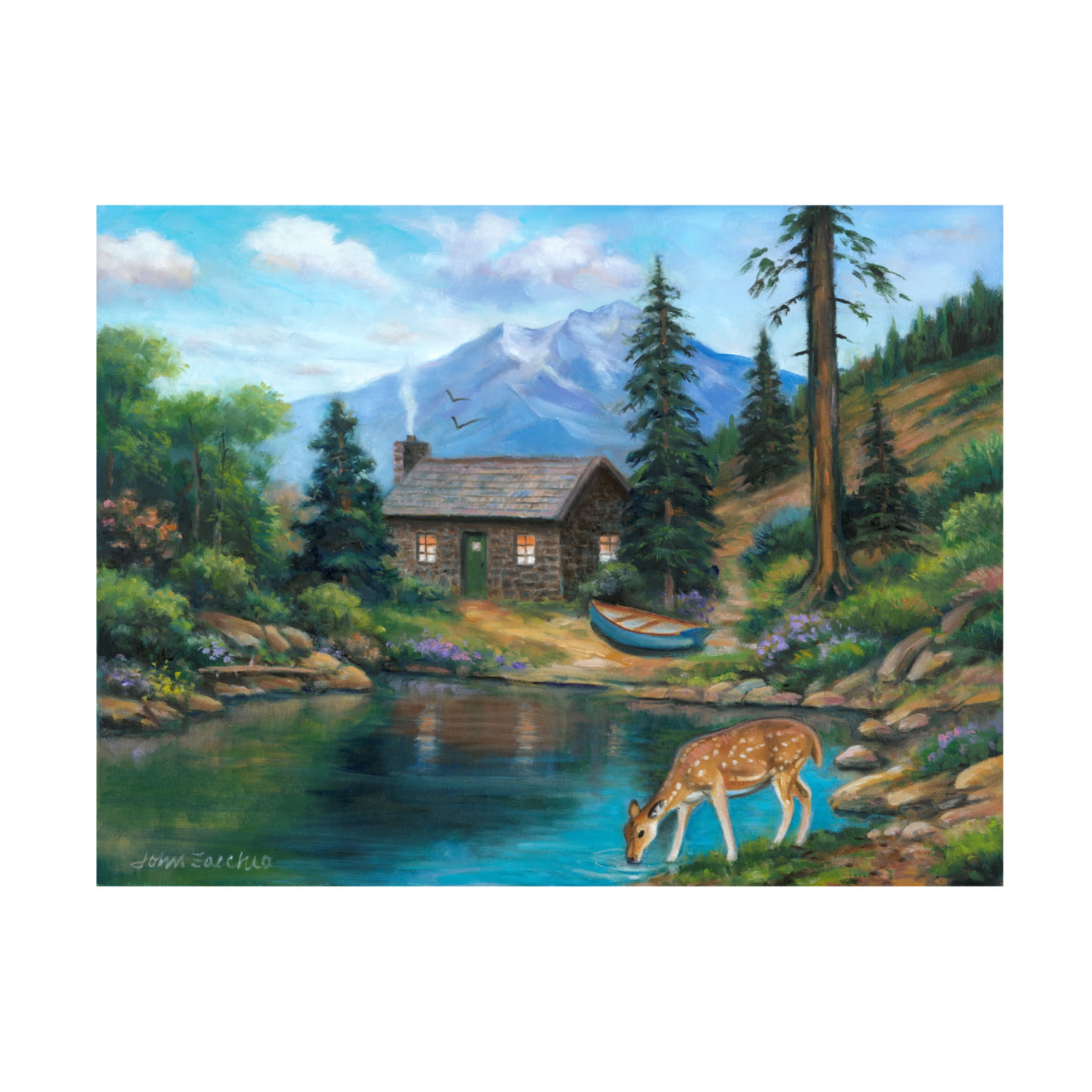 Canvas Wall Art - John Zaccheo 'Drinking by the Cabin' Wall Art for Living Room, Bedroom, or Office Décor by Trademark Fine Art - 47 x 35 Inches