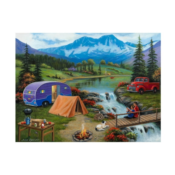 Canvas Wall Art - John Zaccheo 'Fishing By the Falls' Wall Art for Living Room, Bedroom, or Office Décor by Trademark Fine Art - 19 x 14 Inches