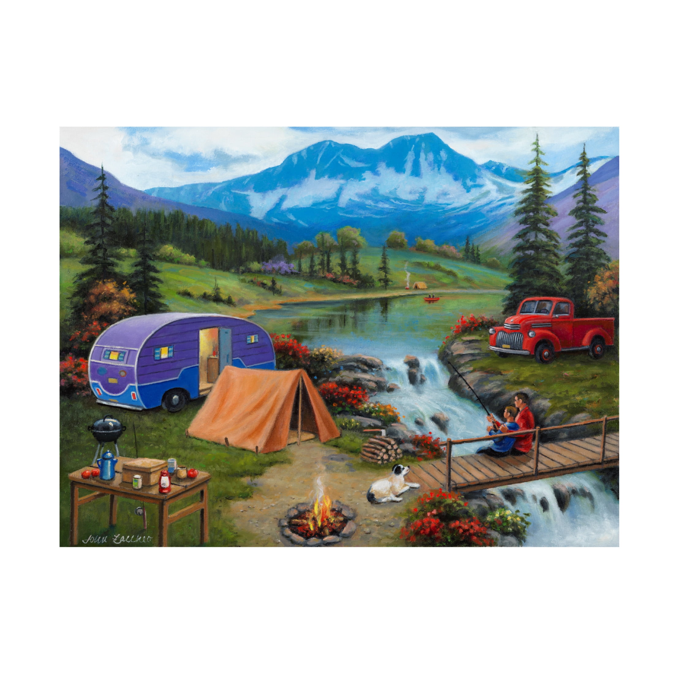 Canvas Wall Art - John Zaccheo 'Fishing By the Falls' Wall Art for Living Room, Bedroom, or Office Décor by Trademark Fine Art - 47 x 35 Inches