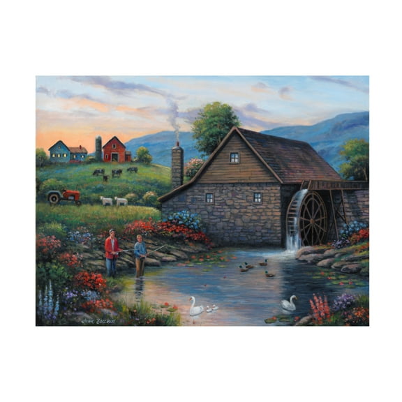 Canvas Wall Art - John Zaccheo 'Fishing by the Waterwheel' Wall Art for Living Room, Bedroom, or Office Décor by Trademark Fine Art - 19 x 14 Inches