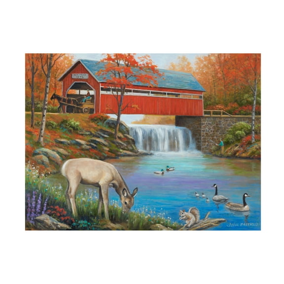 Canvas Wall Art - John Zaccheo 'Life by the Covered Bridge' Wall Art for Living Room, Bedroom, or Office Décor by Trademark Fine Art - 19 x 19 Inches