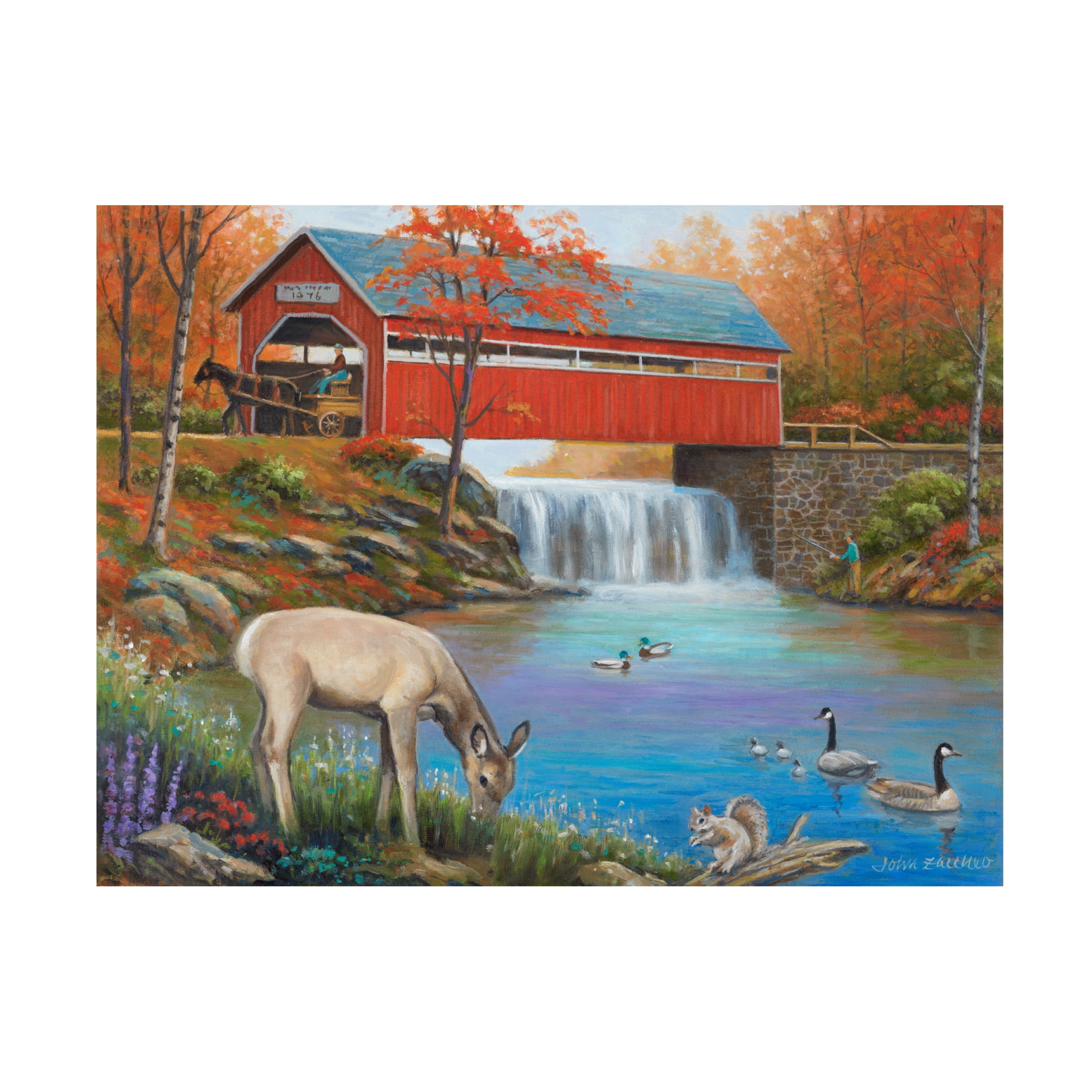 Canvas Wall Art - John Zaccheo 'Life by the Covered Bridge' Wall Art for Living Room, Bedroom, or Office Décor by Trademark Fine Art - 24 x 24 Inches