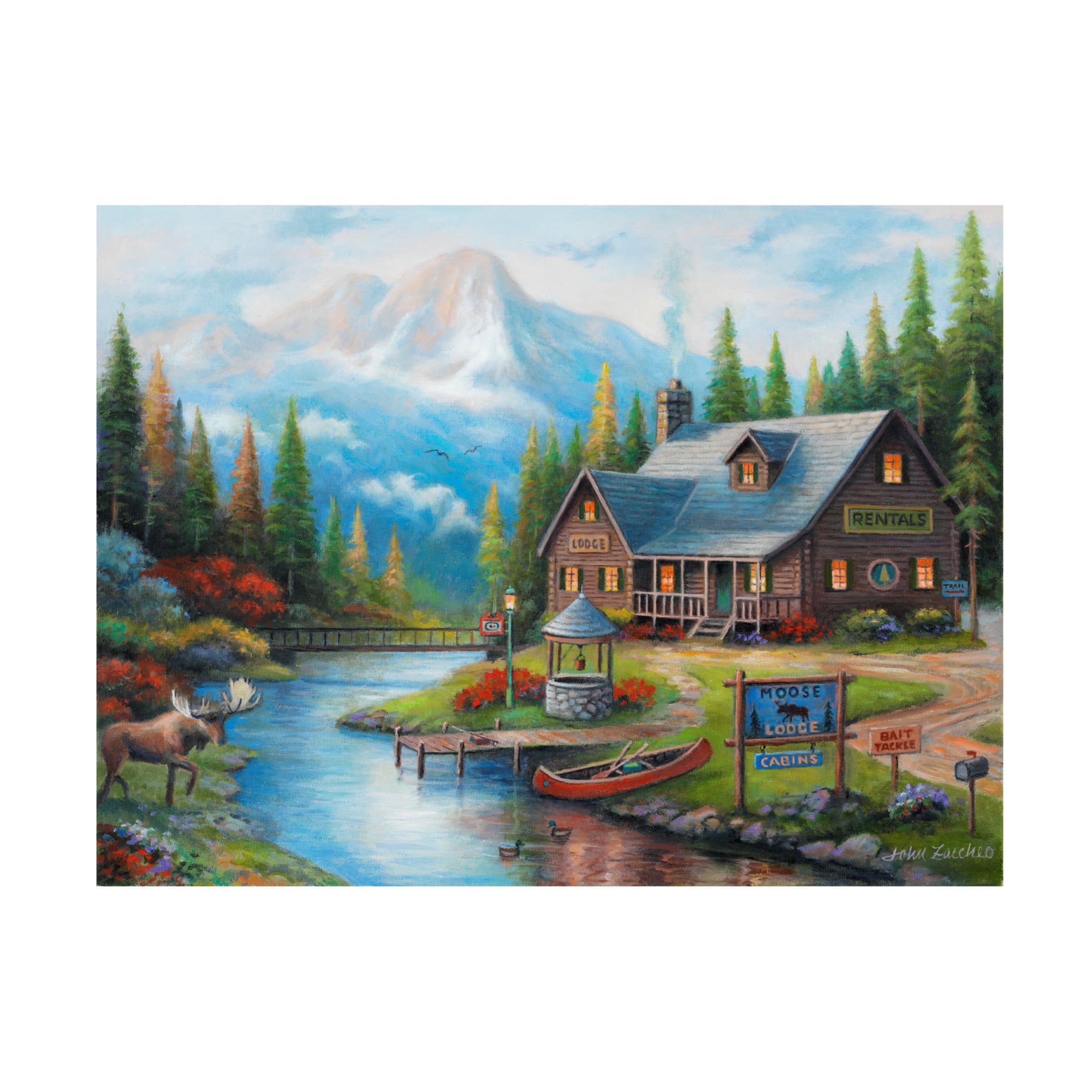 Canvas Wall Art - John Zaccheo 'Moose Creek Lodge' Wall Art for Living Room, Bedroom, or Office Décor by Trademark Fine Art - 32 x 24 Inches