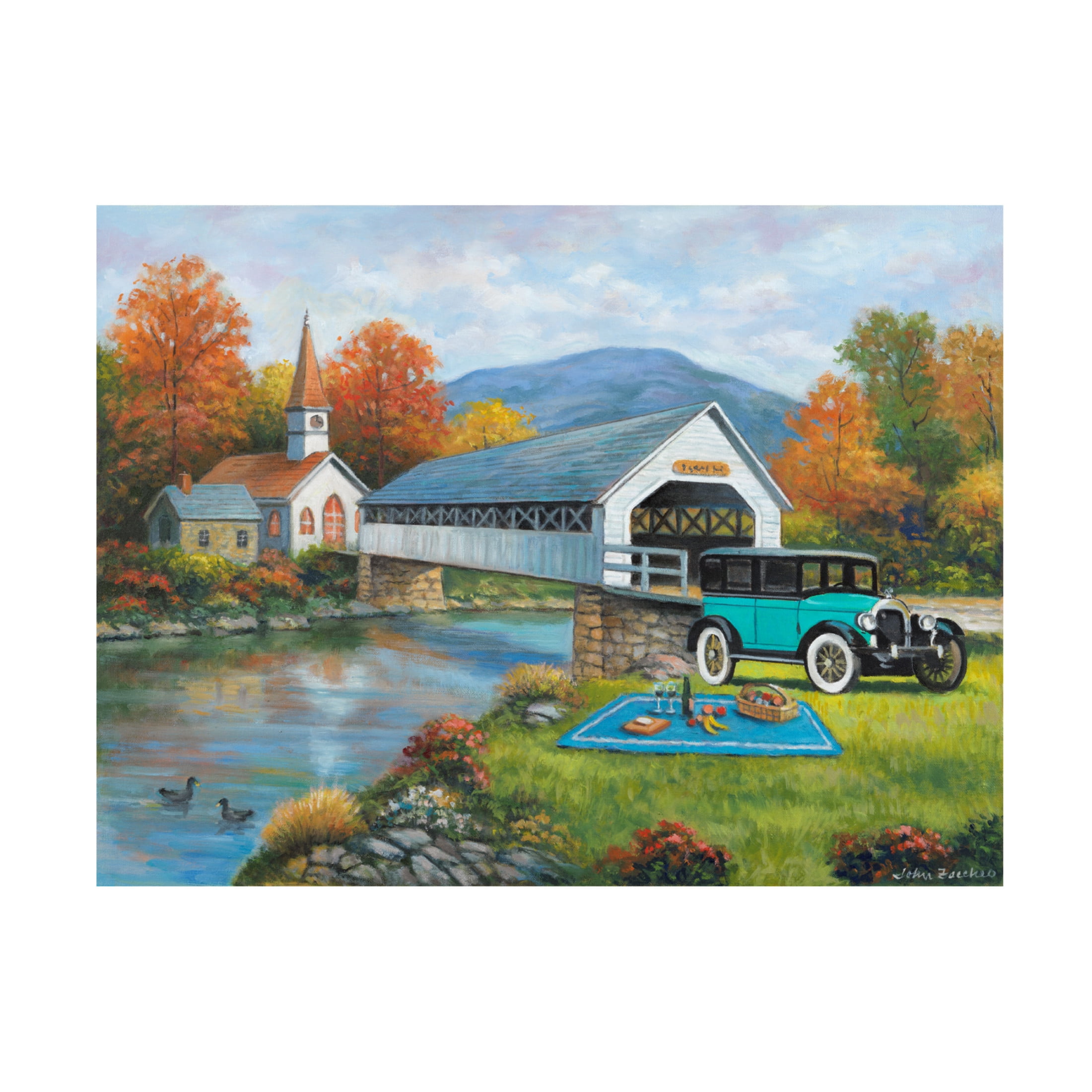 Canvas Wall Art - John Zaccheo 'Picnic By The Bridge' Wall Art for Living Room, Bedroom, or Office Décor by Trademark Fine Art - 47 x 35 Inches