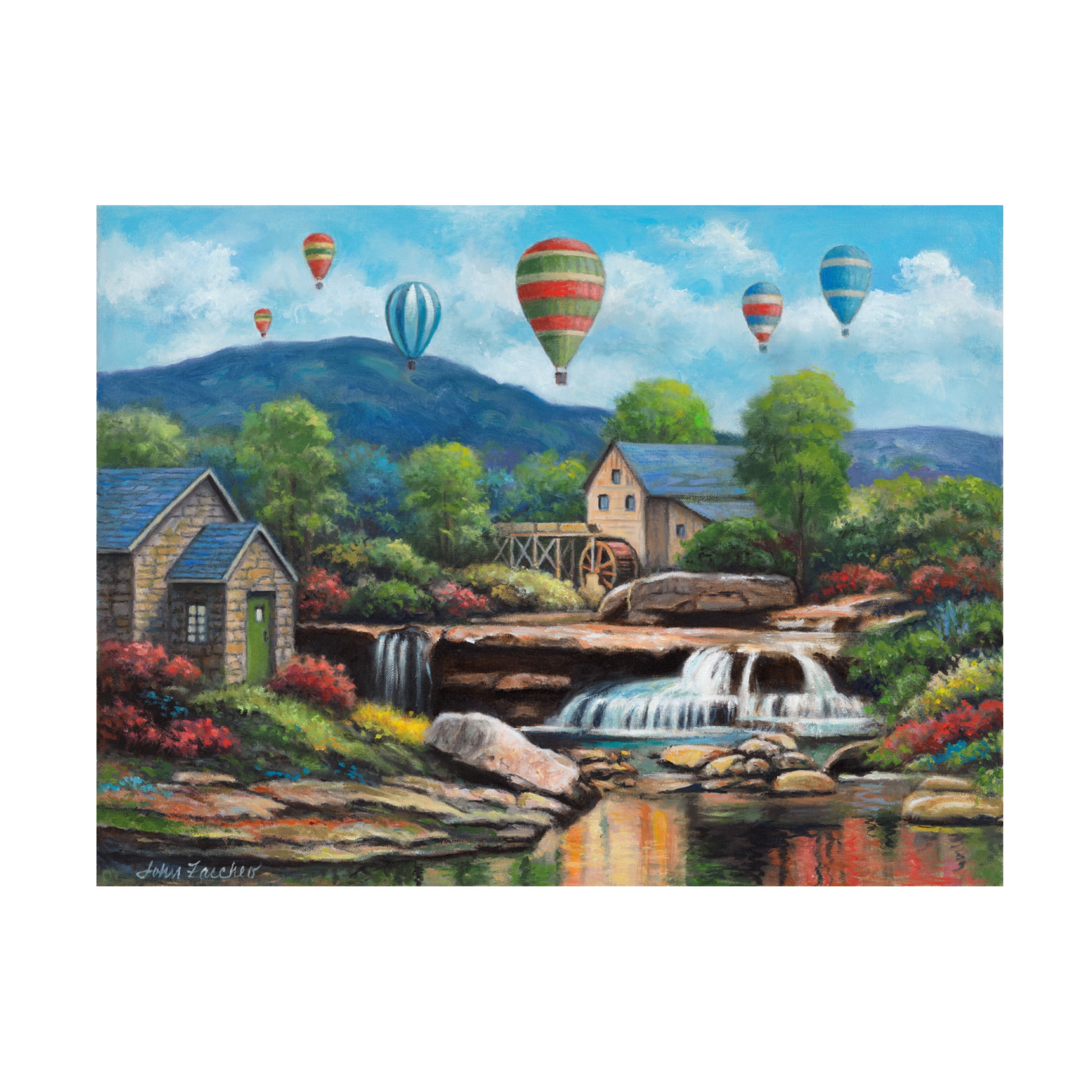 Canvas Wall Art - John Zaccheo 'Spring Balloons Over The Mill' Wall Art for Living Room, Bedroom, or Office Décor by Trademark Fine Art - 32 x 24 Inches