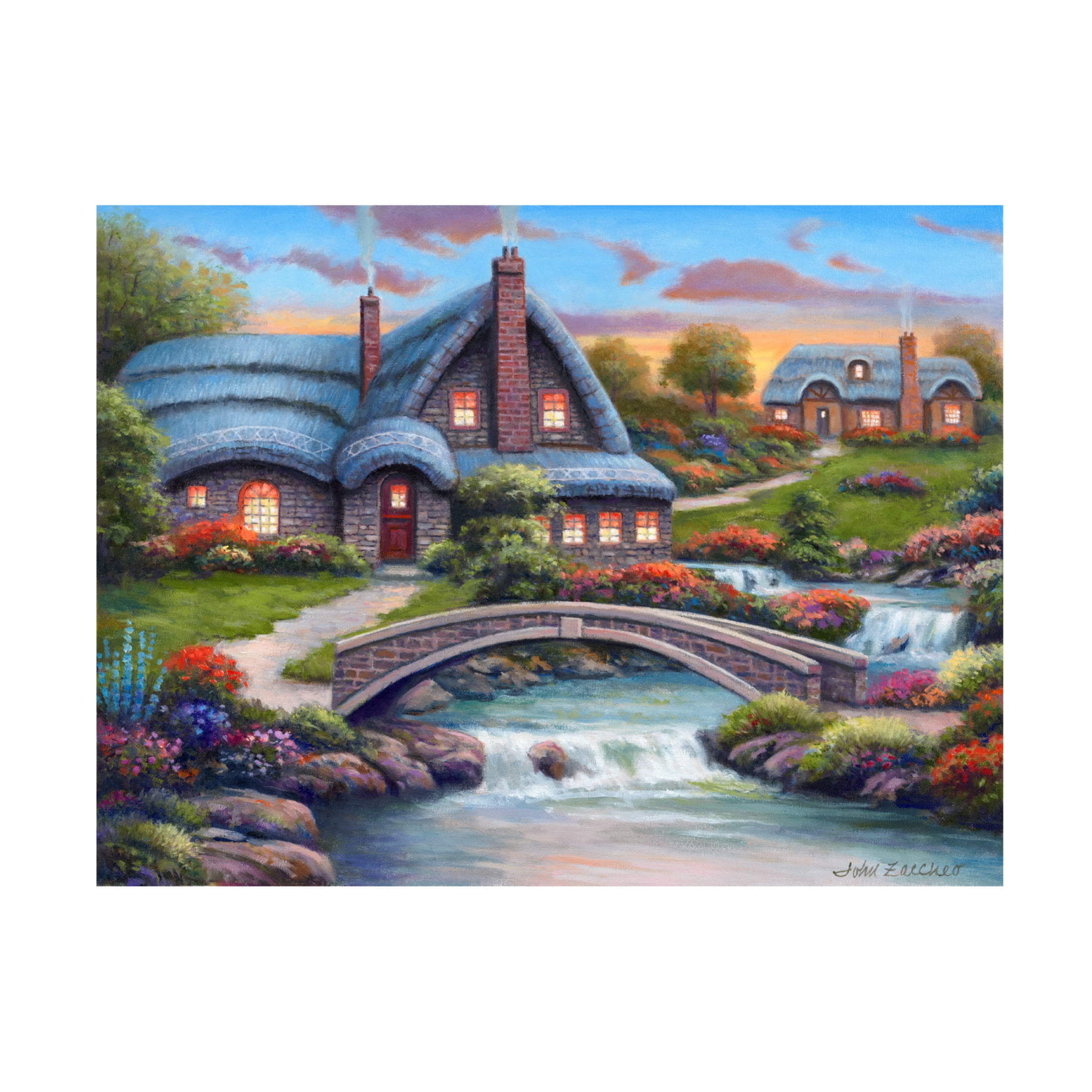 Canvas Wall Art - John Zaccheo 'Stone Bridge Cottages' Wall Art for Living Room, Bedroom, or Office Décor by Trademark Fine Art - 47 x 35 Inches
