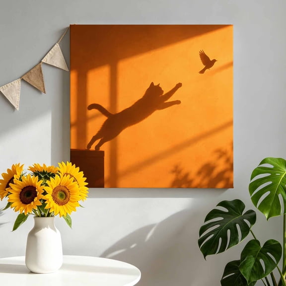 Canvas Wall Art Jumping Cat Shadow Canvas Art Print Minimalist Flying Bird Window Shadow Orange Pictures Wall Decor for Living Room Bedroom Artwork Decorations Stretched Framed Ready to Hang 8"x8"