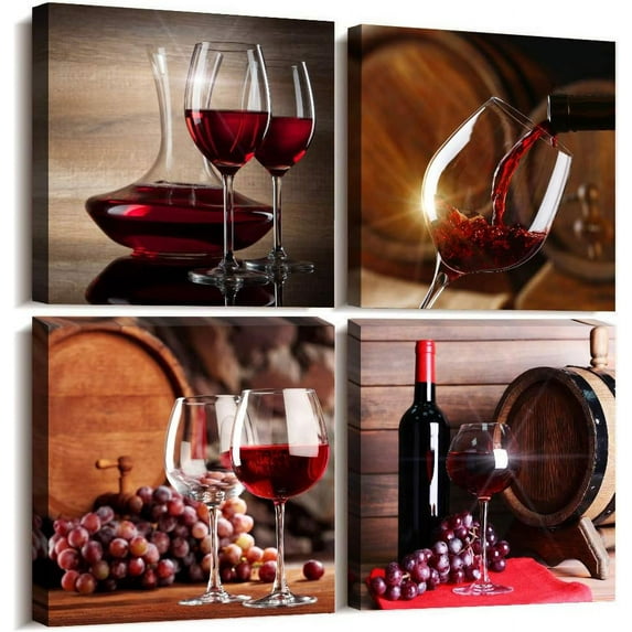 Canvas Wall Art For Kitchen Dining Room Wall Decor Wine Glass Wall Painting Still Life Wine Fruit Goblet Frame Wall Pictures Prints Artwork Bar Restaurant Decoration Home Decor 4 Piece Set