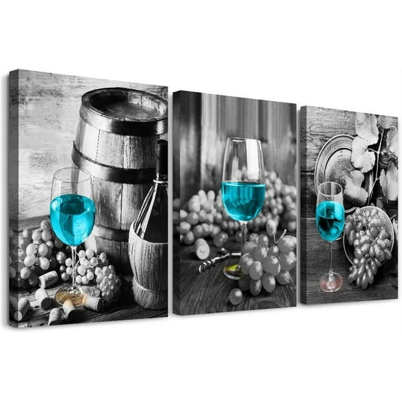 Canvas Wall Art For Kitchen Wall Decor For Dining Room Black And White Wall Paintings Modern Bar Decor Canvas Art Prints Blue Wine Glass Ready To Hang Pictures For Restaurant Home Decoration 3 Piece