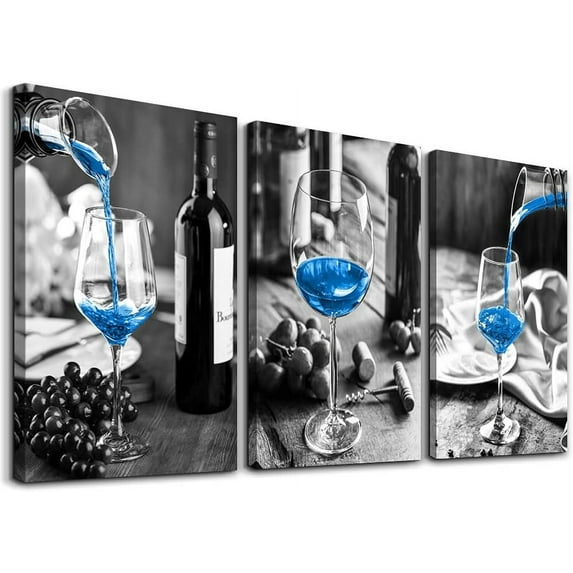 Canvas Wall Art For Kitchen Wall Decor For Dining Room Black And White Wine Glasses Painting Modern Blue Wine Canvas Art Prints Ready To Hang Pictures For Restaurant Home Decorations 12"X16" 3 Pieces