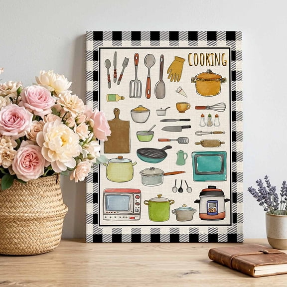 Canvas Wall Art, Kitchenware Framed Canvas Prints for Living Room Bedroom, Vintage Kitchen Cooking Tool White Black Checkered Gallery Wrapped Wall Decor for Home Office, Gifts, 12"x16" Ship Next Day