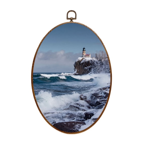 Canvas Wall Art Lake Superior waves roll onto shoreline Split Rock Lighthouse Oval Framed Canvas Prints Vintage Wall Hanging Decor for Home Decorations 8.6"x11.4"