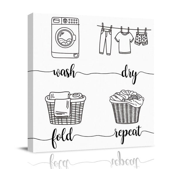 Canvas Wall Art, Laundry Room Framed Canvas Prints for Bathroom Kitchen, Cartoon Wash Dry Fold Repeat Simple Lines Art Gallery Wrapped Wall Decor for Home Office, Gifts, 10"x10" Ship Next Day