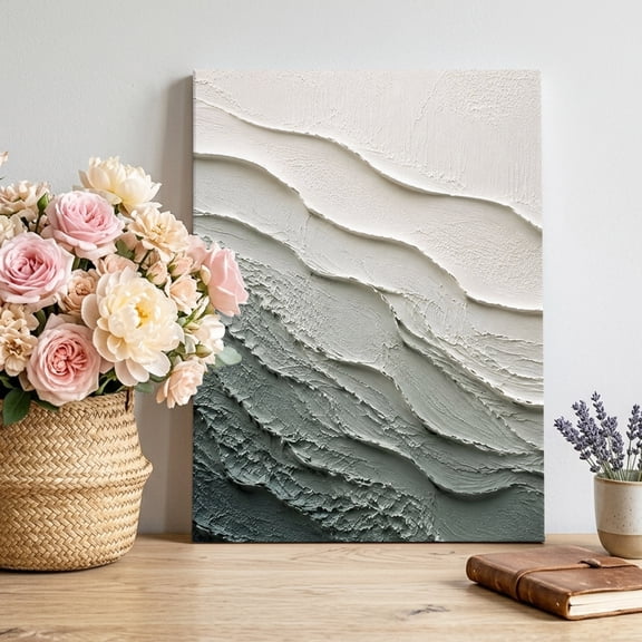 Canvas Wall Art Layered Plaster Wave Canvas Art Print Minimalist Abstract Green Textured Ocean Pictures Wall Decor for Living Room Bedroom Artwork Decorations Stretched Framed Ready to Hang 20"x24"