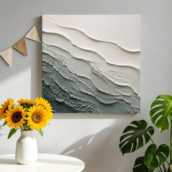 Canvas Wall Art Layered Plaster Wave Canvas Art Print Minimalist Abstract Green Textured Ocean Pictures Wall Decor for Living Room Bedroom Artwork Decorations Stretched Framed Ready to Hang 8"x8"
