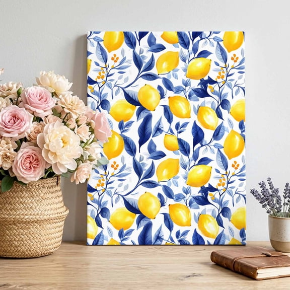 Canvas Wall Art Lemon Canvas Art Print Spring Summer Watercolor Country Yellow Lemon Blue Leaf Pictures Wall Decor for Living Room Bedroom Artwork Decorations Stretched Framed Ready to Hang 24"x36"