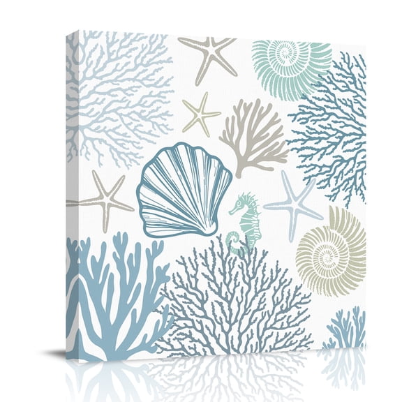 Canvas Wall Art, Light Blue Coastal Framed Canvas Prints for Bathroom Kitchen, Summer Beach Coral Shell Starfish Gallery Wrapped Wall Decor for Home Office, Gifts, 10"x10" Ship Next Day