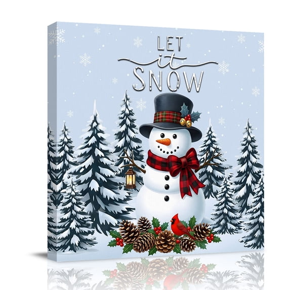 Canvas Wall Art, Light Blue Snowman Christmas Framed Canvas Prints for Living Room Bathroom, Xmas Pinecone Tree Snowflake Gallery Wrapped Wall Decor for Home Office, Gifts, 12"x12" Ship Next Day