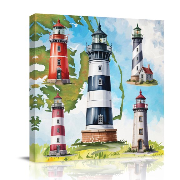 Canvas Wall Art, Lighthouse Framed Canvas Prints for Bathroom Desk, Red Black Summer Oil Painting Ocean Beach Small Gallery Wrapped Wall Decor for Home Office, Gifts, 8"x8" Ship Next Day