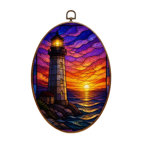 Canvas Wall Art Lighthouse Themed Stained Glass Window Panel Oval Framed Canvas Prints Vintage Wall Hanging Decor for Home Decorations 8.6"x11.4"