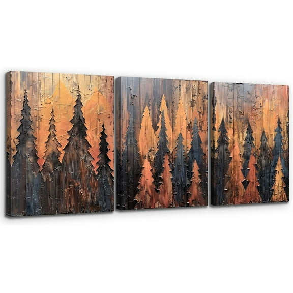 Canvas Wall Art for Living Room, Abstract Landscape Wall Art Bedroom, Fall Forest Pictures Wall Decor, Pine Tree Vintage Prints 3 Piece Set, Orange Modern Home Decor Paintings 12"X16"