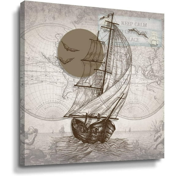 Canvas Wall Art for Living Room Bedroom Nursery Vintage Map Travel Sailing Ship Canvas Print Wall Decor Framed Ocean Coastal Painting Artwork Farmhouse Ready to Hang Thanksgiving Gift 16x16in