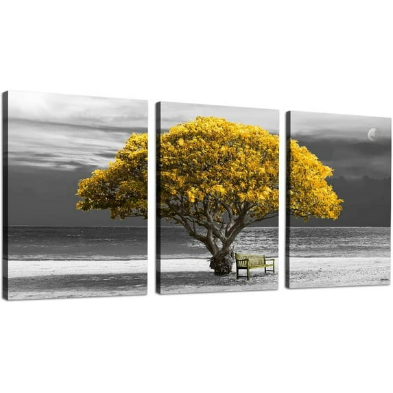 Canvas Wall Art For Living Room- Black And White Wall Decor For Bedroom Room-Yellow Trees Landscape Wall Paintings-Modern Home Decor Stretched And Framed Ready To Hang Wall Pictures- 12"X16"X3 Piece