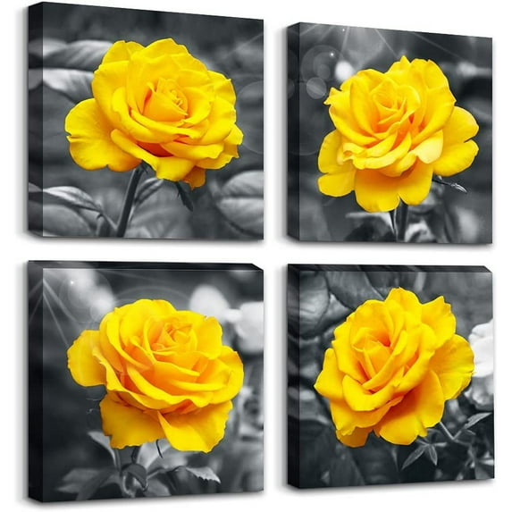 Canvas Wall Art For Living Room Family Wall Decor For Bedroom Modern Kitchen Wall Decorations Black And White Wall Pictures Artwork Yellow Rose Flowers Canvas Art Prints Bathroom Home Decor 4 Piece
