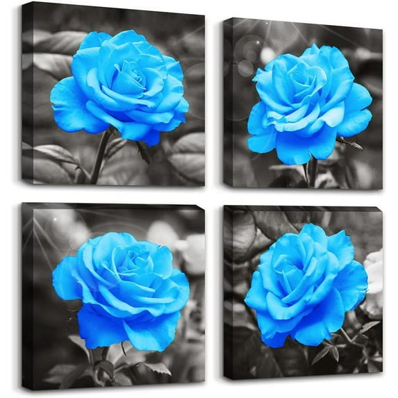Canvas Wall Art For Living Room Family Wall Decor For Bedroom Modern Kitchen Wall Decorations Blue Rose Flowers Wall Pictures Artwork Black And White Canvas Art Prints Bathroom Home Decor 4 Pieces