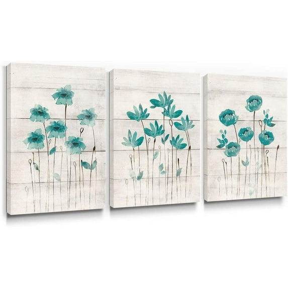 Canvas Wall Art Living Room Farmhouse Decor 3 Piece Blue Flower Pictures Bedroom Rustic Teal Paintings Turquoise Floral Artwork Set Grey Prints Gray Bathroom Home Decorations,12x16 inch