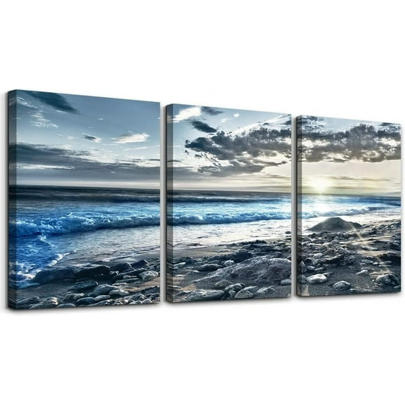 Canvas Wall Art For Living Room Farmhouse Wall Decor For Bedroom Office Wall Decoration Blue Beach Wall Painting Ocean Sea Wave Pictures Poster Print Artwork Room Home Walls Decor 3 Piece