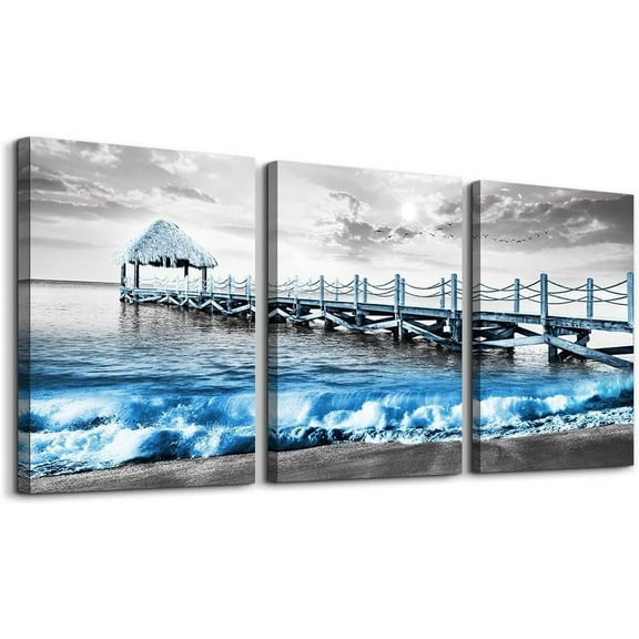 Canvas Wall Art For Living Room Modern Wall Decorations For Bedroom Black And White Beach Wall Painting Office Wall Decor Blue Ocean Sea Wave Pictures 3 Piece d Posters Room Home Decor Artwork