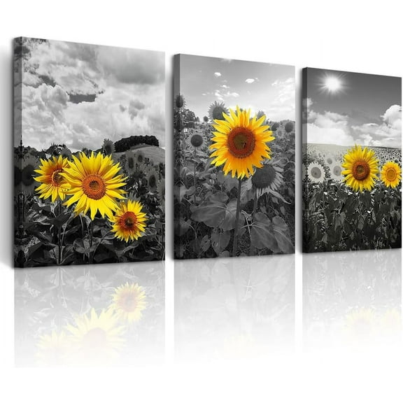 Canvas Wall Art For Living Room Wall Decor For Kitchen Black And White Sunflower Flowers Wall Painting Decoration For Bedroom Modern Bathroom Home Decor Wall Picture Artwork 16x12 3 Piece