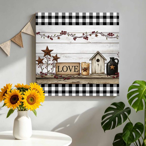 Canvas Wall Art Love Sign Canvas Art Print Rustic Buffalo Check Border Star Wood Grain Pictures Wall Decor for Living Room Bedroom Artwork Decorations Stretched Framed Ready to Hang 8"x8"