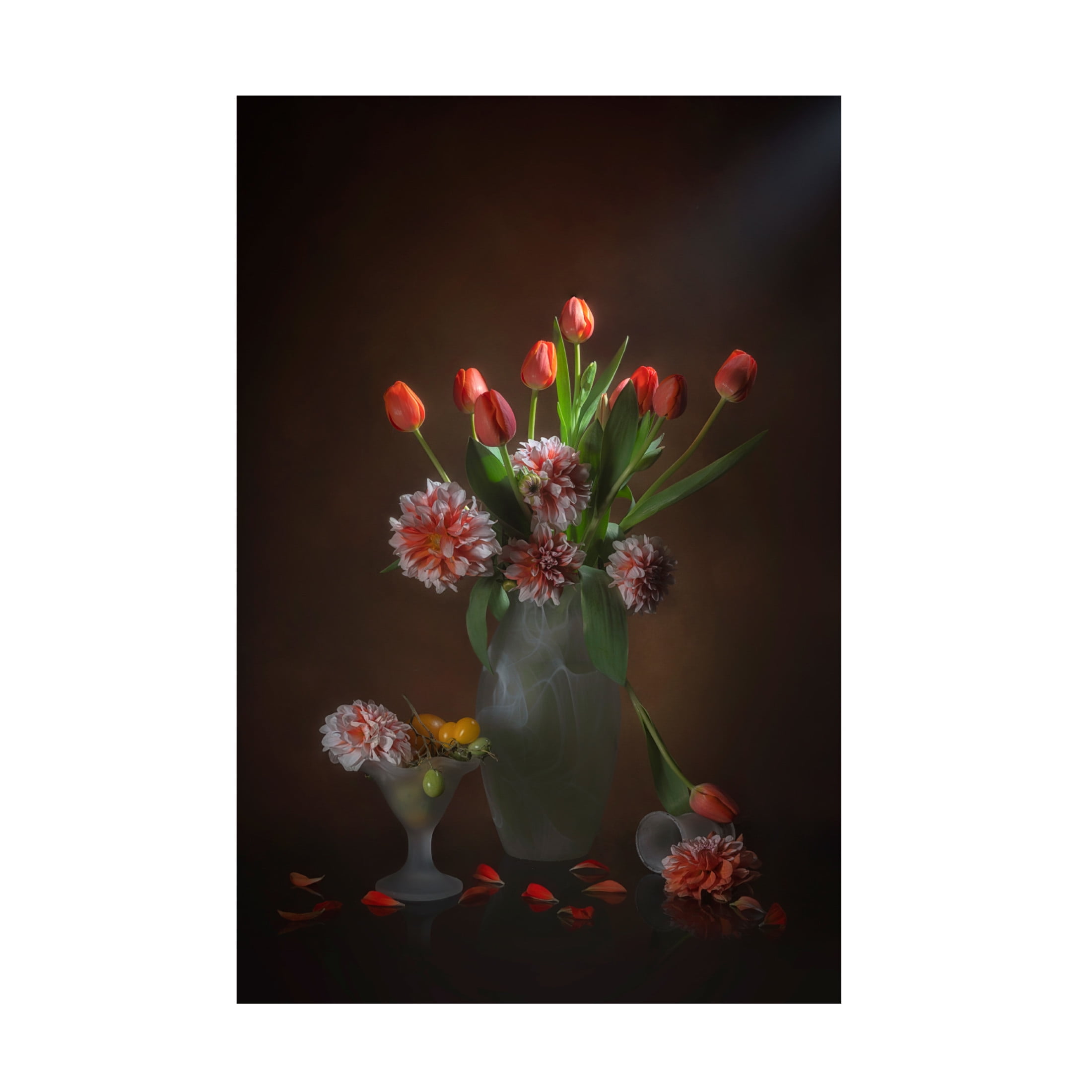 Canvas Wall Art - Lydia Jacobs 'Orange Tulips And Dahlia' Wall Art for Living Room, Bedroom, or Office Décor by Trademark Fine Art - 16 x 24 Inches