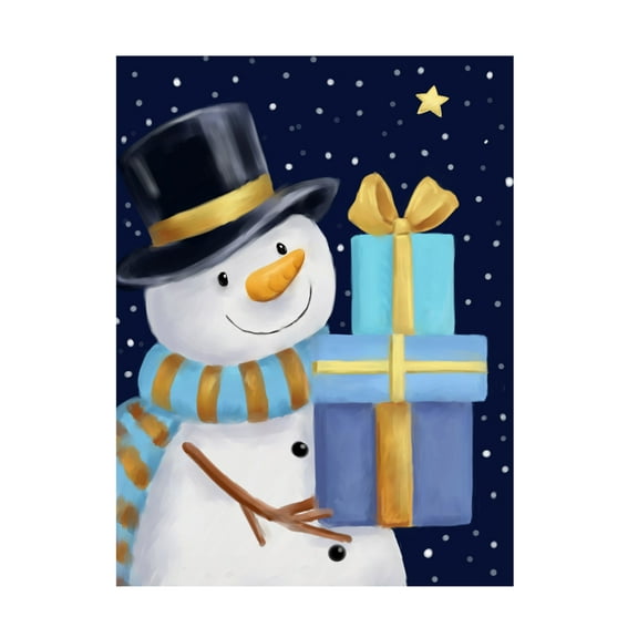 Canvas Wall Art - MAKIKO 'Snowman With Blue Presents' Wall Art for Living Room, Bedroom, or Office Décor by Trademark Fine Art - 14 x 19 Inches