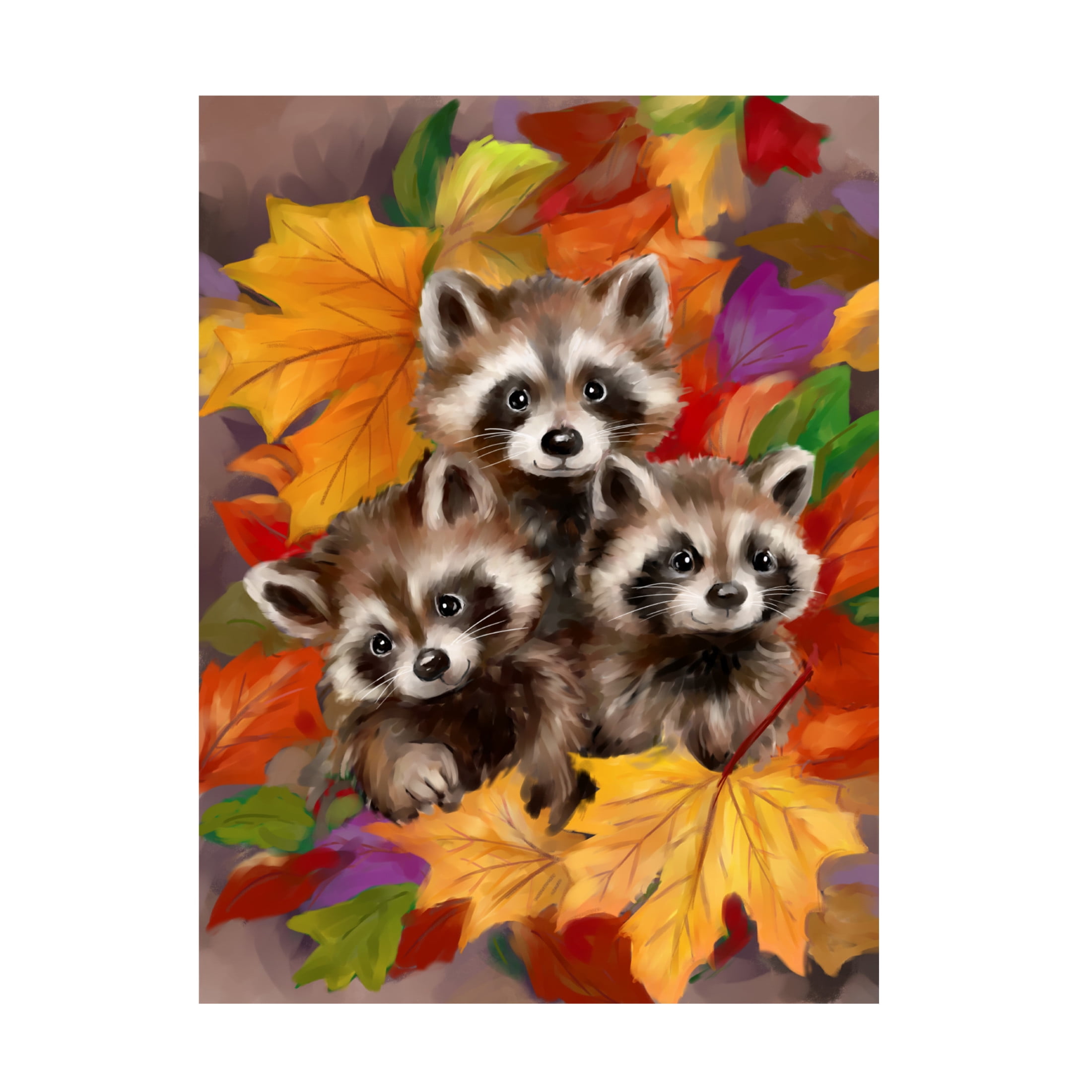Canvas Wall Art - MAKIKO 'Three Raccoons in Autumn' Wall Art for Living Room, Bedroom, or Office Décor by Trademark Fine Art - 35 x 47 Inches