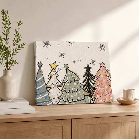 Canvas Wall Art 20x16in Cartoon Christmas Tree Snowflake Waterproof Canvas Wall Decor for Living Room Bedroom, Pine Trees Retro Linen Solid Framed Canvas Pictures Prints Ready To Hang
