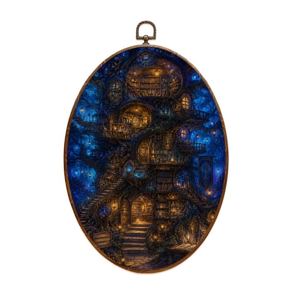 Canvas Wall Art Magical Forest Library Shop Built into Ancient Tree Oval Framed Canvas Prints Vintage Wall Hanging Decor for Home Decorations 8.6"x11.4"
