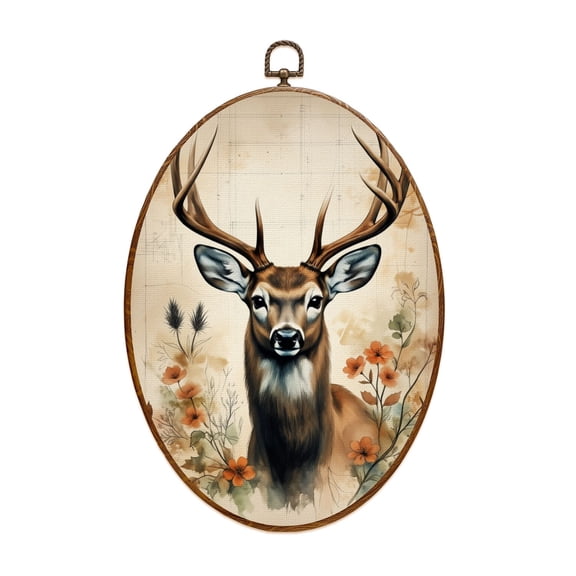 Canvas Wall Art Majestic Deer Antlers Surrounded by Floral Details Soft Watercolor Oval Framed Canvas Prints Vintage Wall Hanging Decor for Home Cabin Decorations 8.6"x11.4"