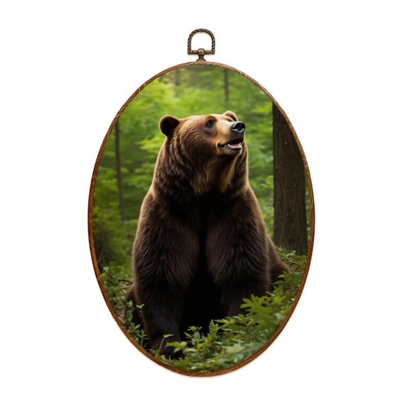Canvas Wall Art Majestic Grizzly Bear Forest Sunlight Filtering Trees Oval Framed Canvas Prints Vintage Wall Hanging Decor for Home Cabin Decorations 8.6"x11.4"
