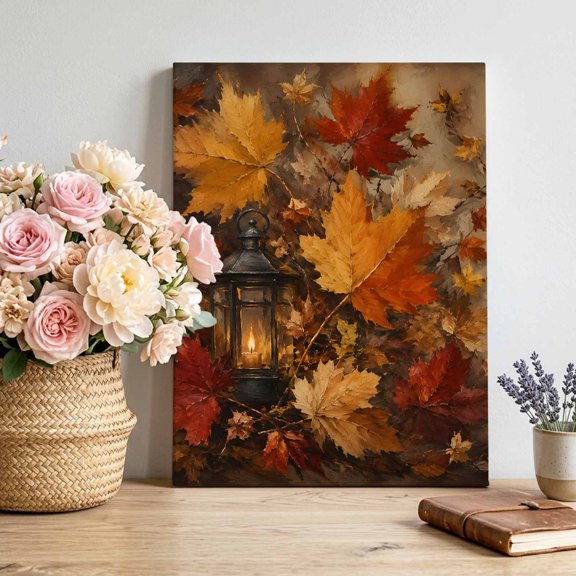 Canvas Wall Art Maple Leaf Canvas Art Print Shabby Chic Glowing Vintage Lanterns Rustic Amber Leaf Wall Decor for Living Room Bedroom Artwork Decorations Stretched Framed Ready to Hang 22"x28"
