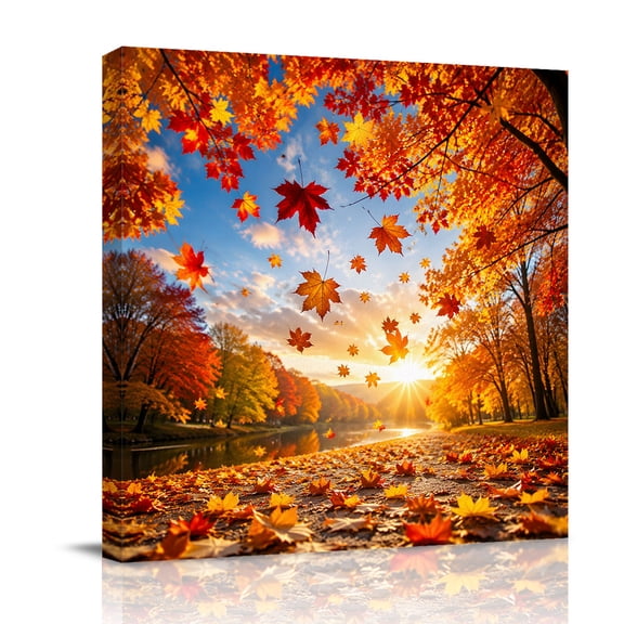 Canvas Wall Art, Maple Trees Fall Framed Canvas Prints for Living Room Bathroom, Thanksgiving Weeping Leaves Autumn Gallery Wrapped Wall Decor for Home Office, Gifts, 12"x12" Ship Next Day